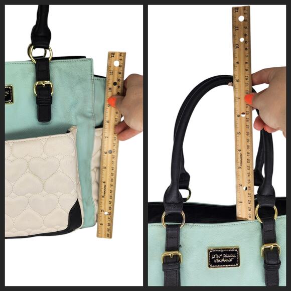 Betsey Johnson Purse Handbag Blue White Quilted Hearts Large Y2k 2000s Black - Picture 11 of 13